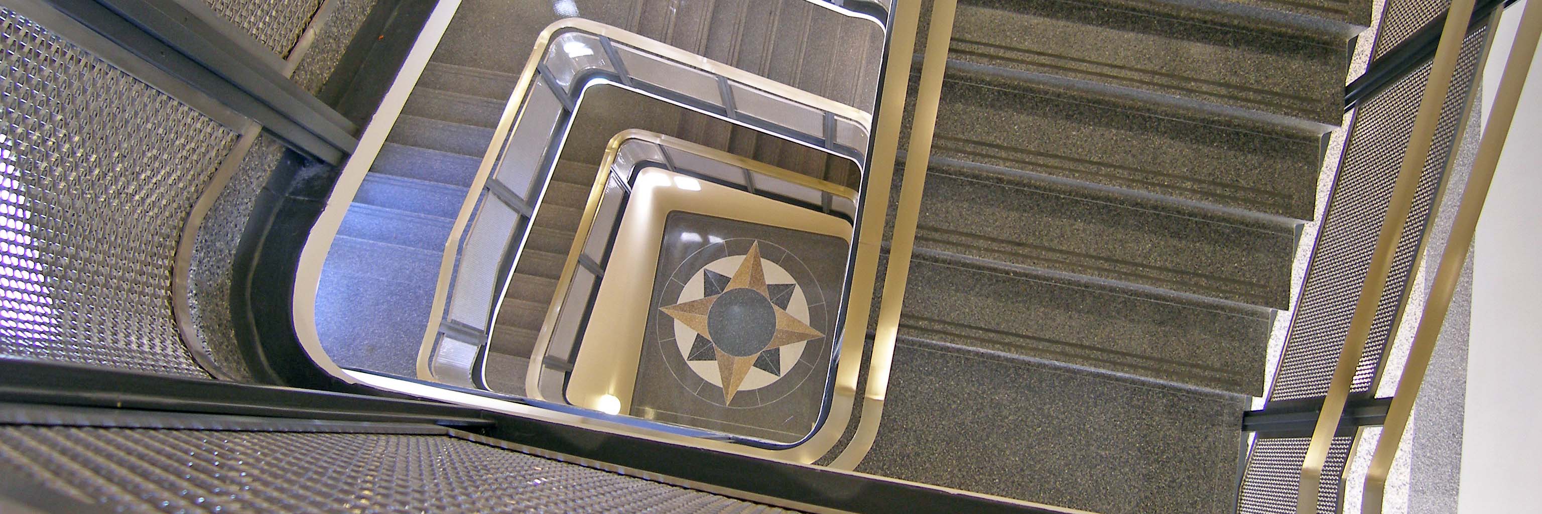 Looking down the Simon Hall stairwell.