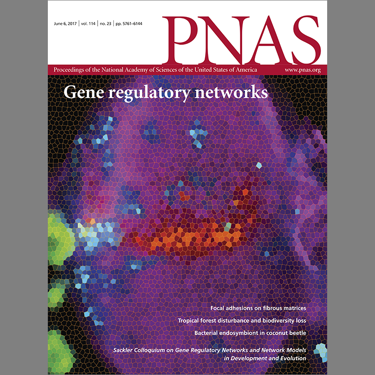 Cover of PNAS, vol. 114, no. 23, 2017, showing gene regulatory networks referencing Justin Kumar's article.