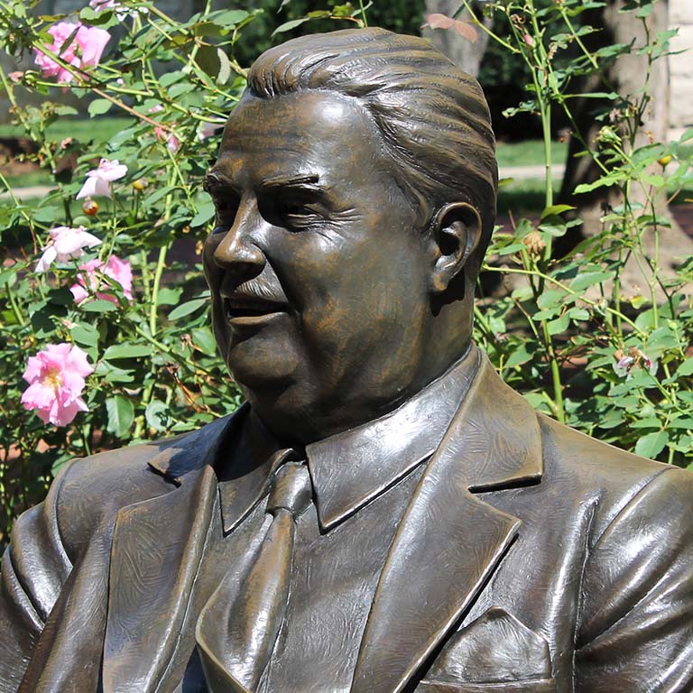 Herman B Wells statue on Indiana University Bloomington campus.