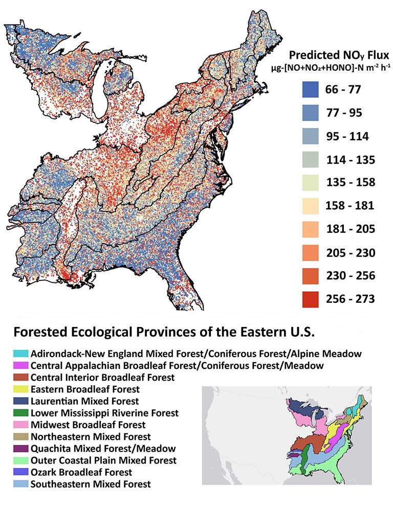 A map of the eastern United States showing the forested ecological provinces and the amounts of predicted NOy Flux.  IU scientists predict higher levels of harmful reactive nitrogen oxides in the Midwest, Mississippi River corridor and eastern United States (in red) based on the location of forests whose trees enhance the activity of soil bacteria that release these chemicals.