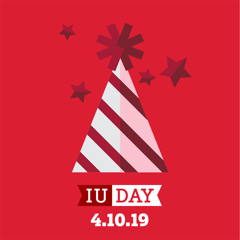 A red-and-white party hat symbolizes the IU Day celebration on April 10, 2019.