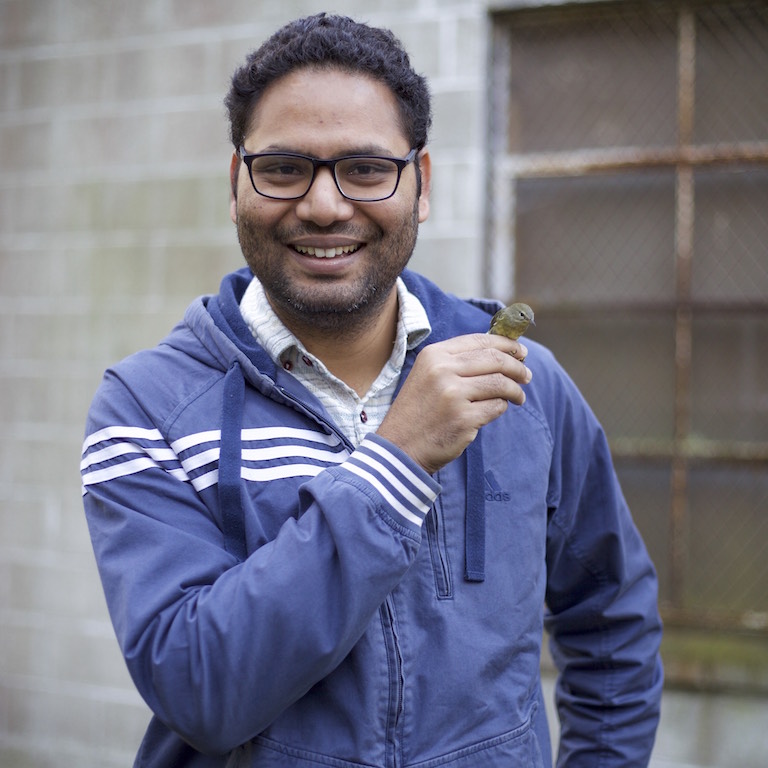 Devraj Singh holds a small bird.