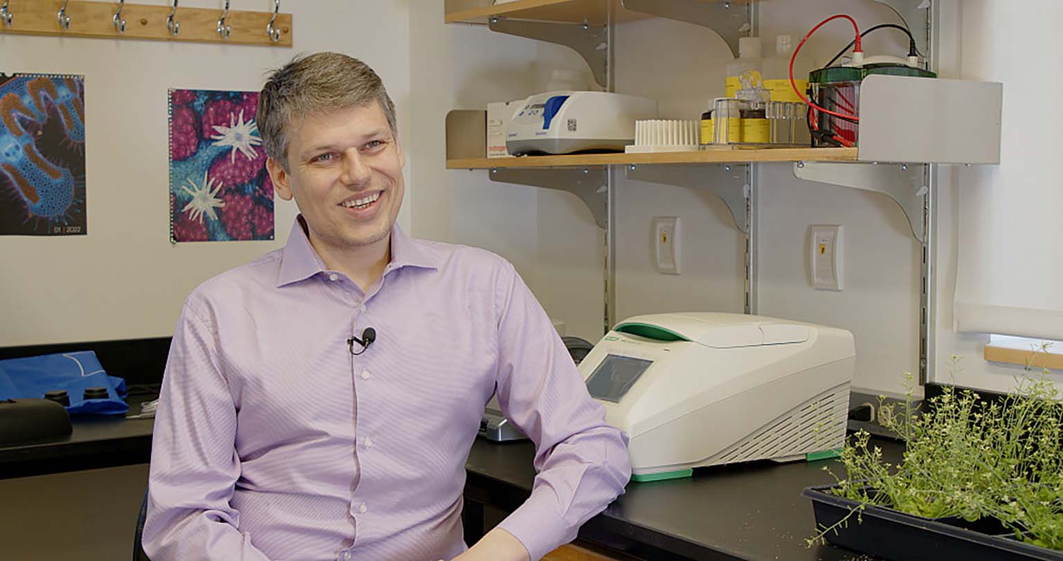 Luke Nikolov sitting in his lab.