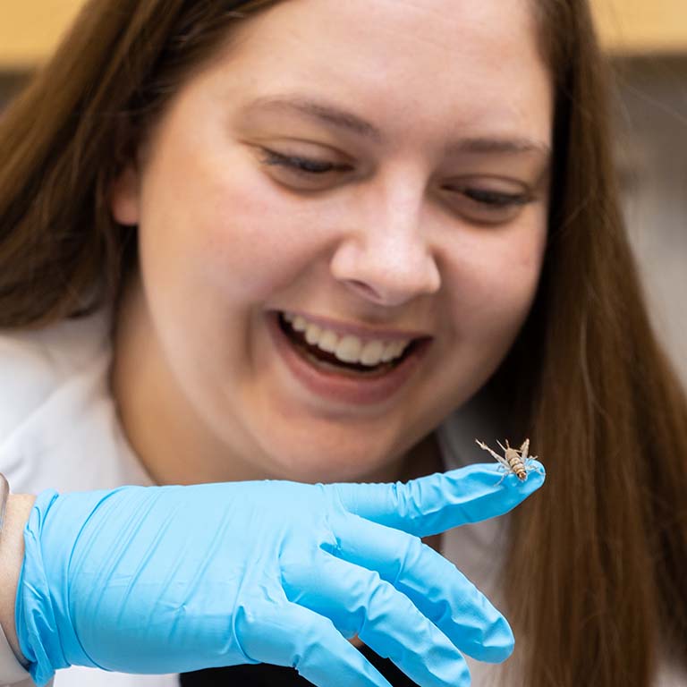 Camille Pushman, wearing a white lab jacket and blue gloves, watches a cricket perched on on her index finger.