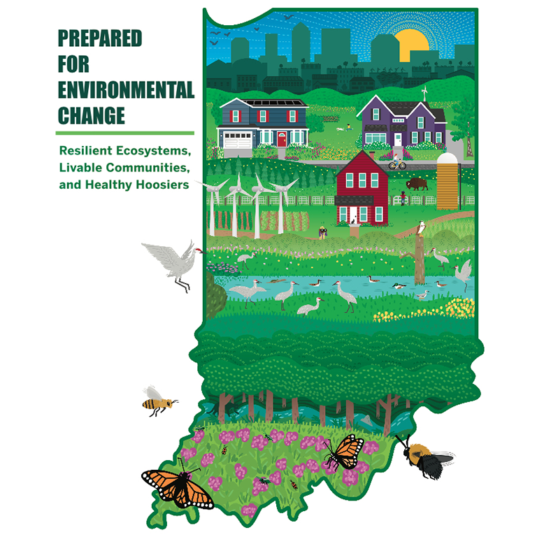 Logo: Prepared for Environmental Change: Resilient Ecosystems, Livable Communities, and Healthy Hoosiers.