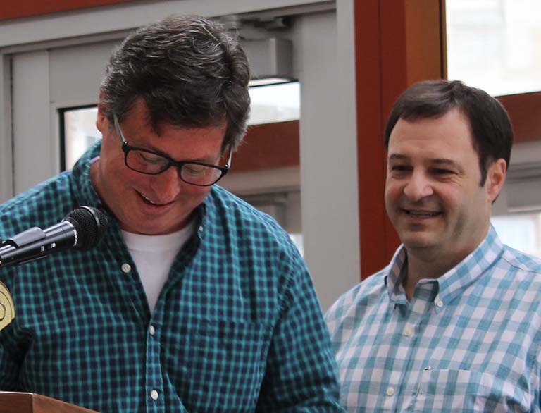 Clay Fuqua and Greg Demas at IU Biology's spring reception in May 2017.