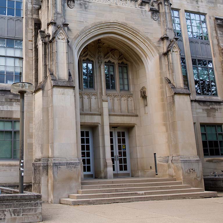 The main entrance to the Biology Building on the Indiana University Bloomington campus.