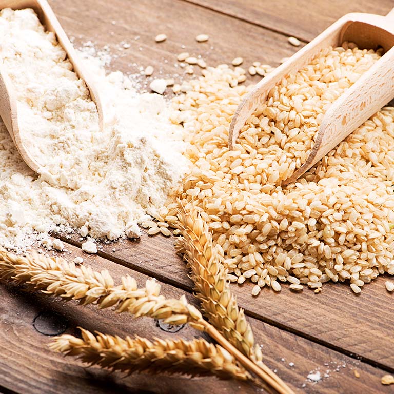 A wooden scoop (right) filled with grains of wheat and a wooden scoop (left) of flour spill out onto the table where they rest. Lying on the table in the foreground are three ripe wheat seed heads.